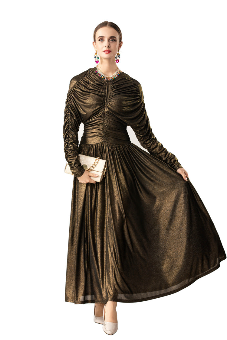 Metallic Ruched Waist Flared Maxi Dress SP10087