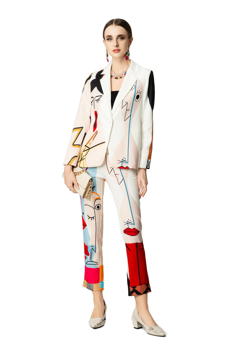 Abstract Face Print Blazer & Cropped Pants Two-Piece Set SP10052