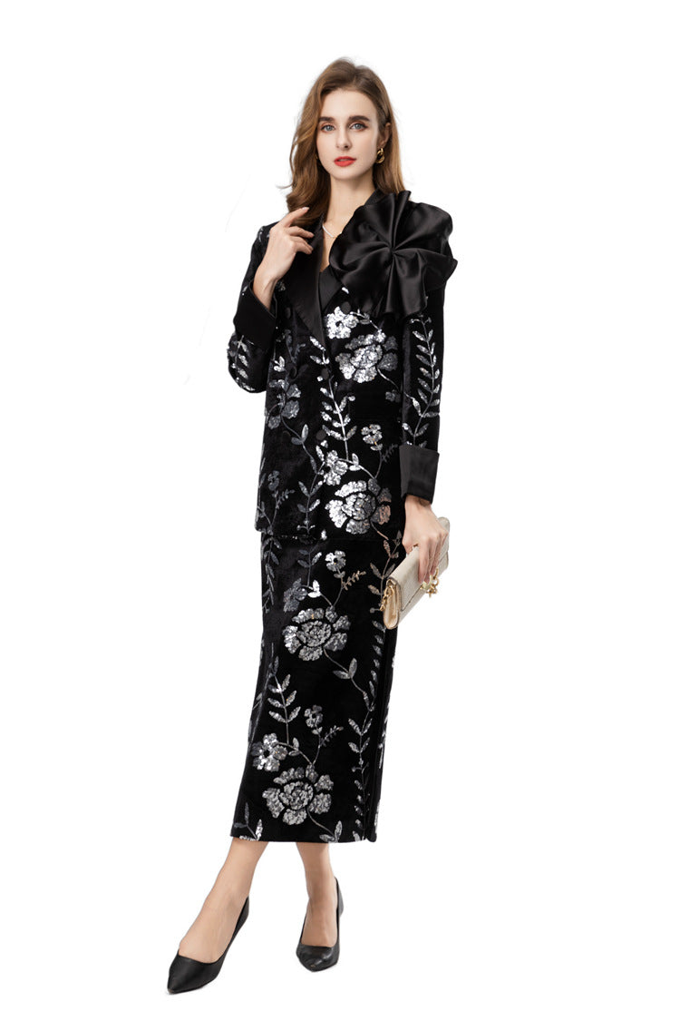 Burgundy Velvet Sequin Floral Blazer & Pencil Skirt Set SP10020