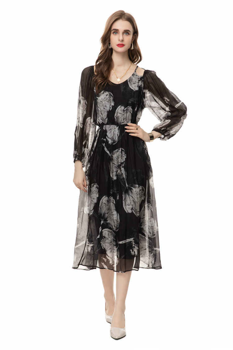Silk Asymmetrical V-Neck Cinched Waist Midi Dress – French Luxury SP10029