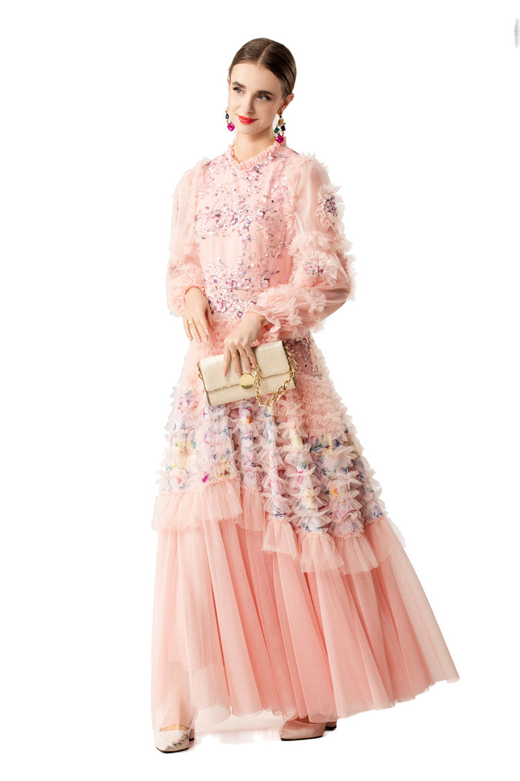 Ruffled High Neck 3D Floral Tiered Tulle Maxi Dress SP10083