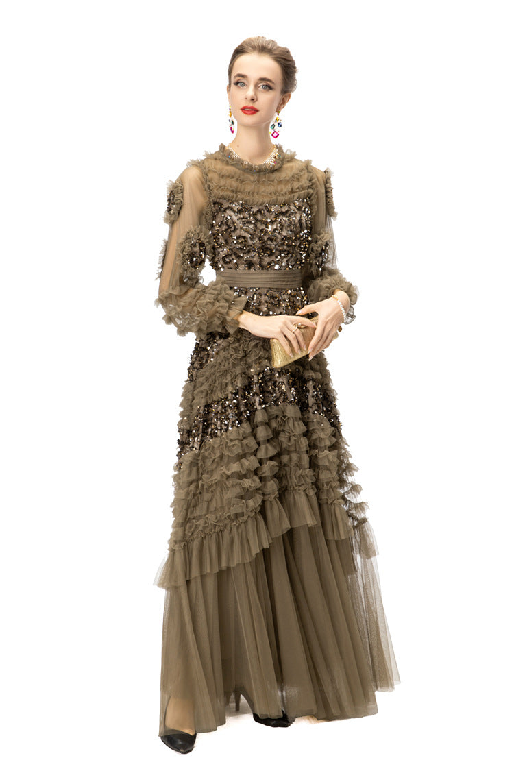 Caramel Sequin Ruffled Tulle Tiered Maxi Gown – Formal Evening Dress SP10005
