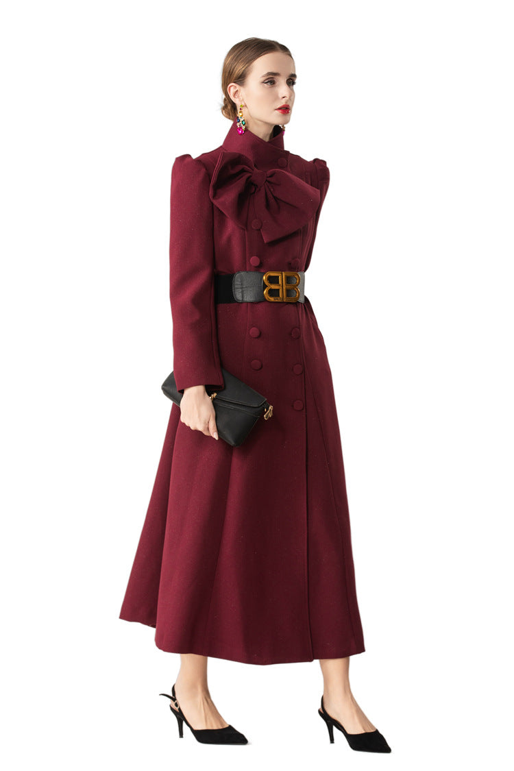 Bow Neck Puff Sleeve Double-Breasted Maxi Coat Dress SP10089