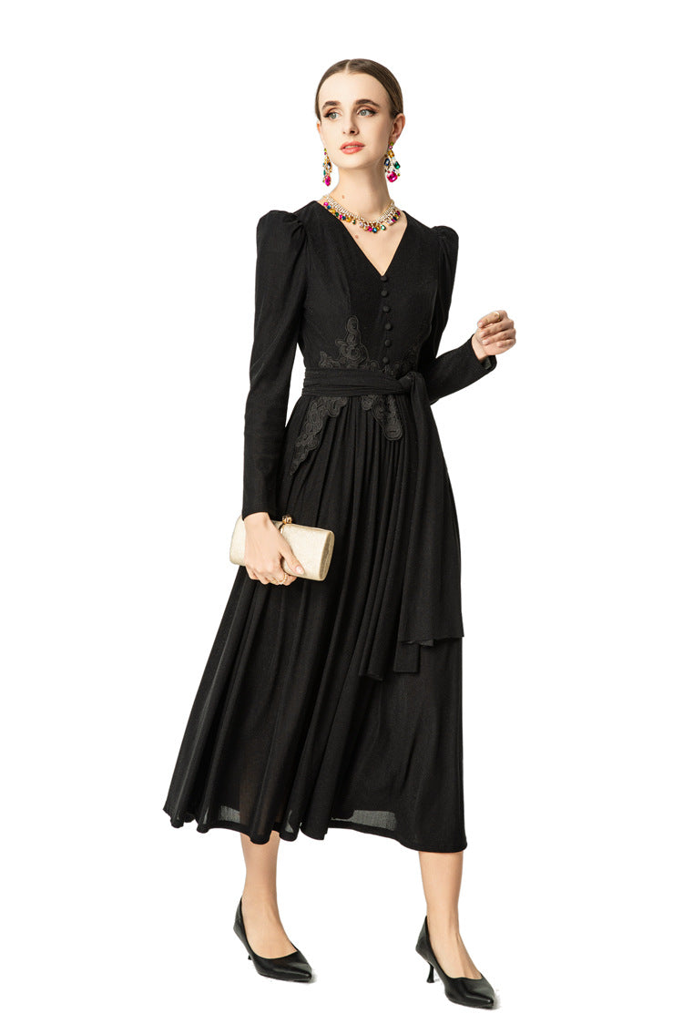 V-Neck Puff Sleeve Waist Embroidery Flared Midi Dress SP10059