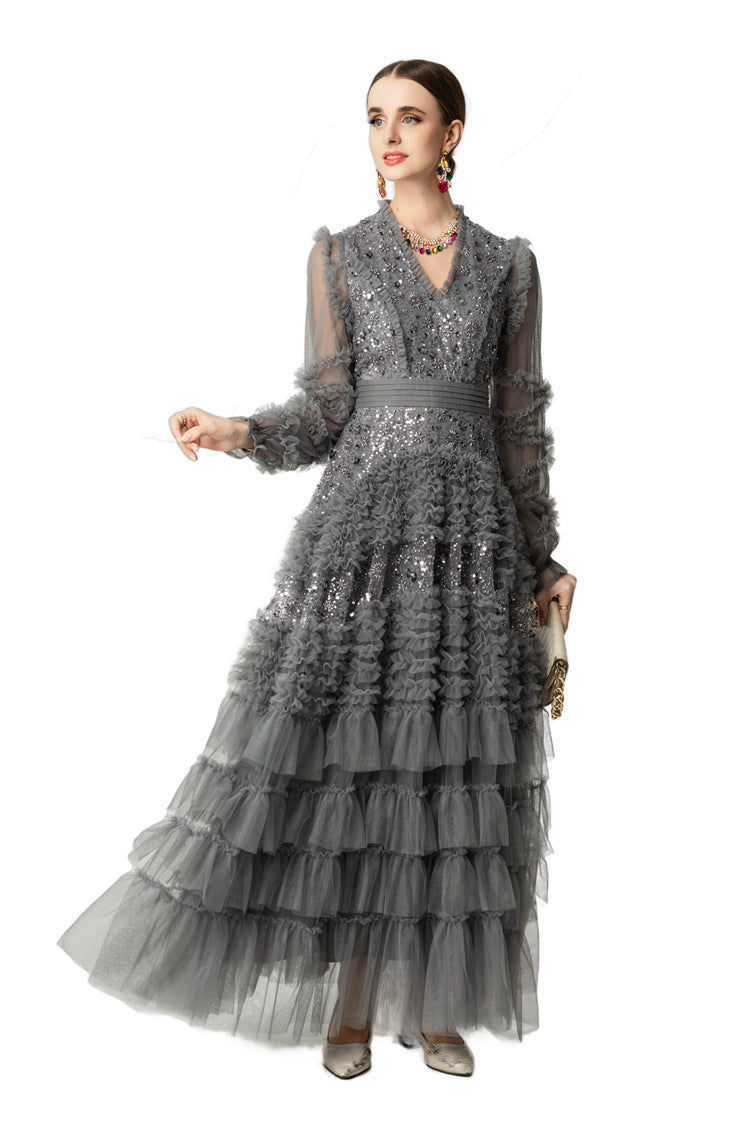 Sequin Embroidery Tiered Tulle Maxi Dress with Ruffled V-Neck SP10055