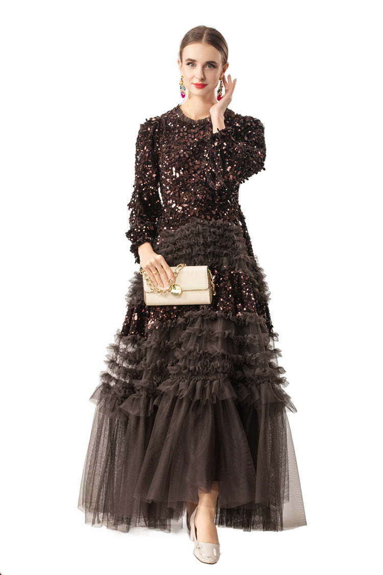 Burgundy Sequin Ruffled Tulle Tiered Maxi Evening Dress SP10016