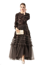 Burgundy Sequin Ruffled Tulle Tiered Maxi Evening Dress SP10016
