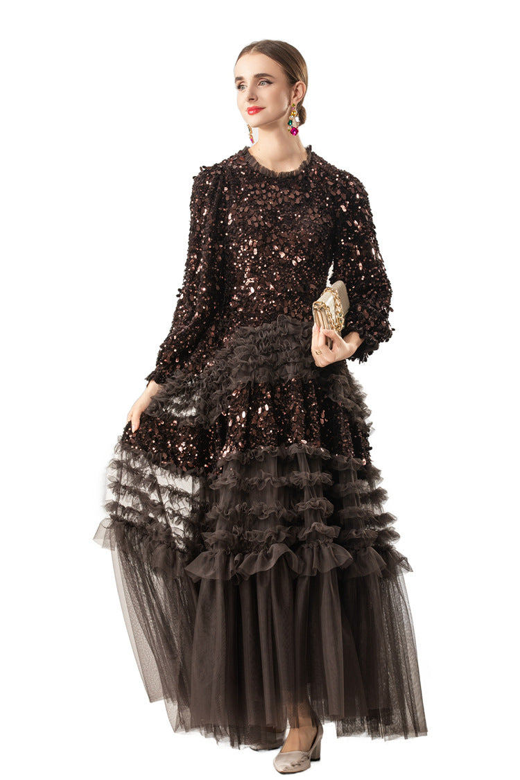 Burgundy Sequin Ruffled Tulle Tiered Maxi Evening Dress SP10016