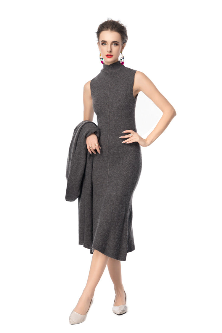 Turtleneck Dress & Long Knit Cardigan Two-Piece Set SP10097