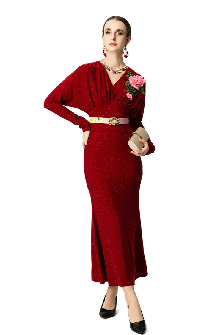 V-Neck Batwing Sleeve Peony Embroidery Mermaid Dress SP10048