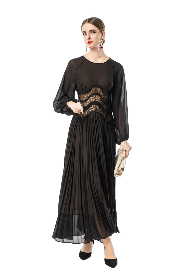 Sheer Puff Sleeve Embroidered Waist Pleated Midi Dress SP10094