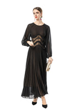 Sheer Puff Sleeve Embroidered Waist Pleated Midi Dress SP10094