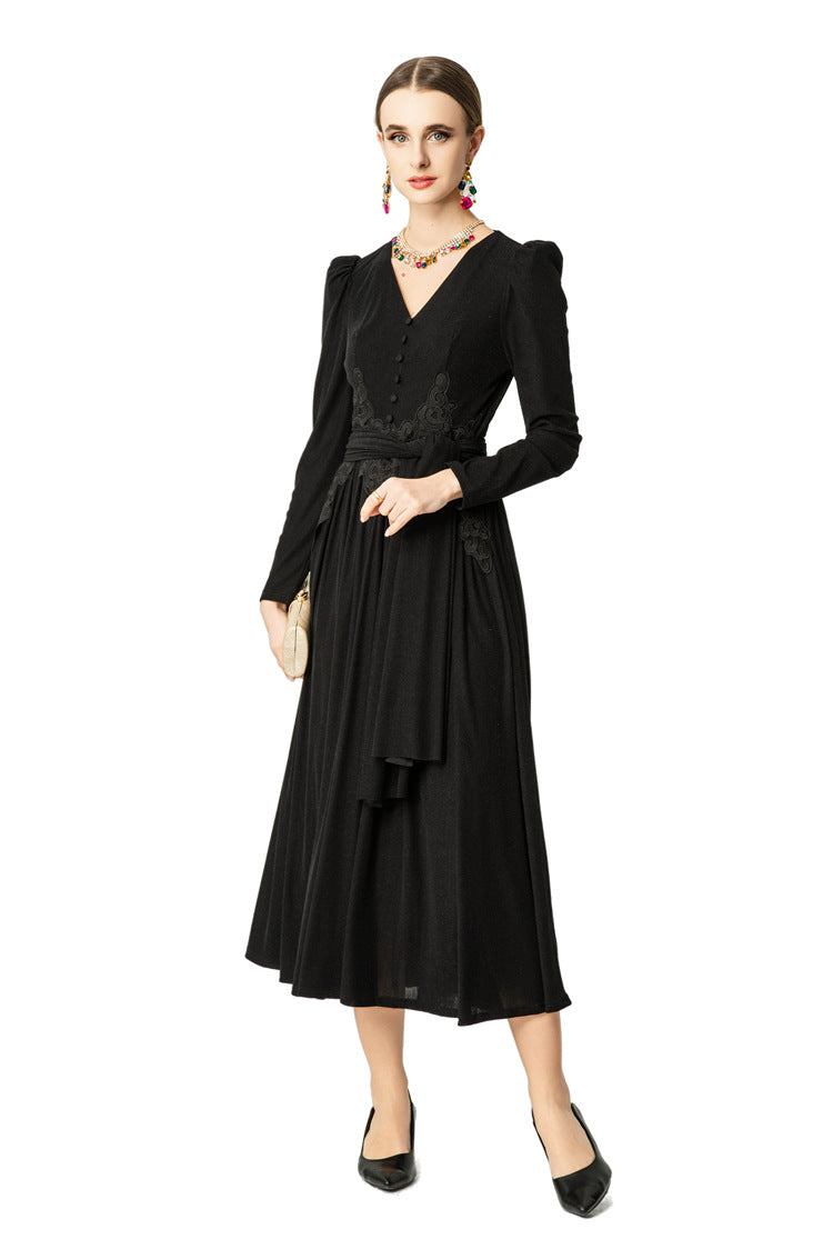 V-Neck Puff Sleeve Waist Embroidery Flared Midi Dress SP10059