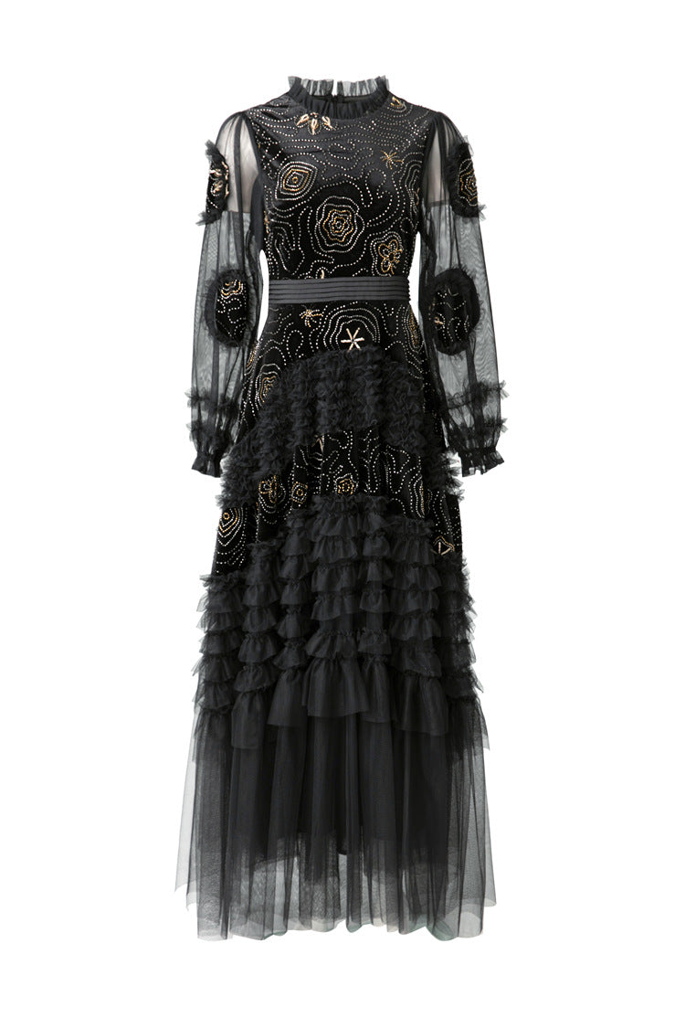 Burgundy Velvet Beaded Tulle Ruffled Sleeve Maxi Dress – French Luxury SP10006