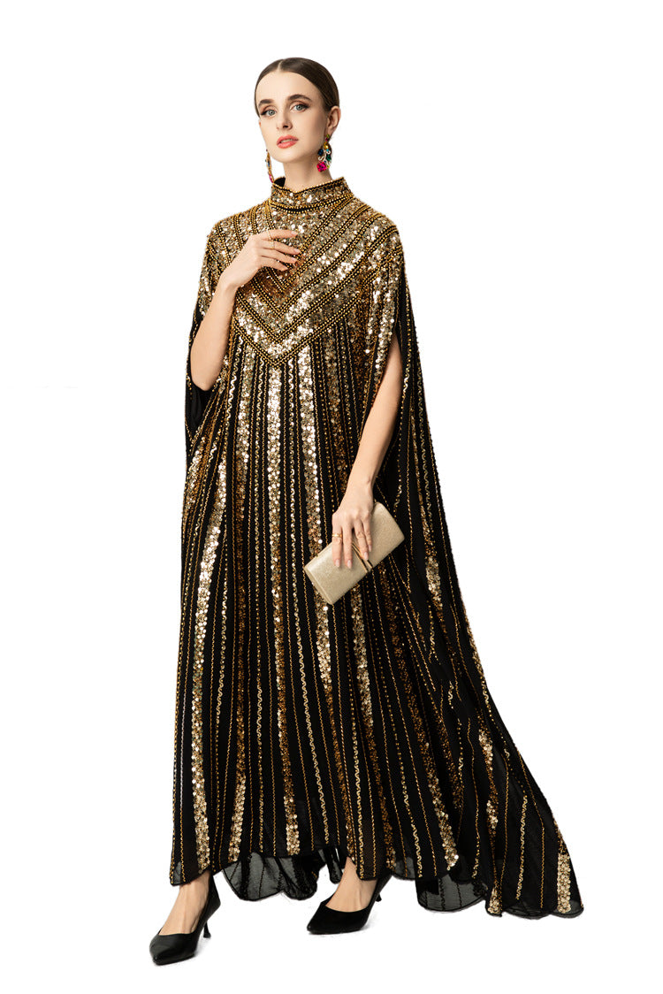 Hand-Beaded Sequin Cape Kaftan Maxi Dress SP10058