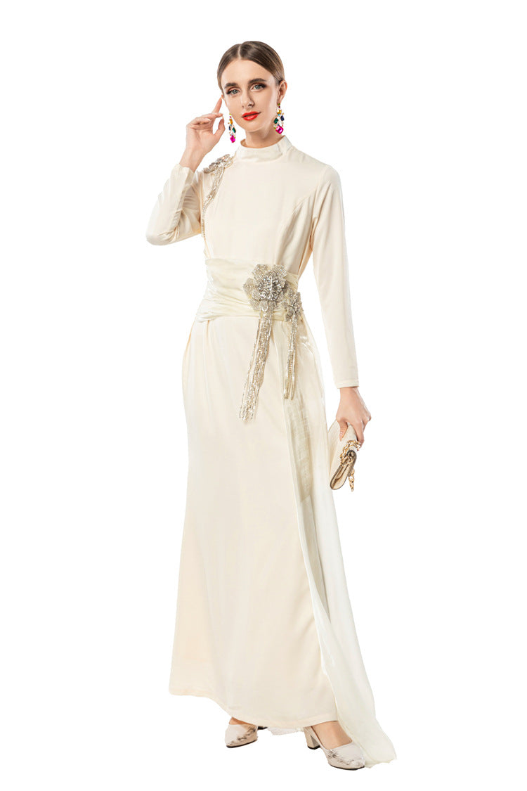 Navy Blue Satin High Neck Evening Gown with Beaded Floral Tassels SP10104