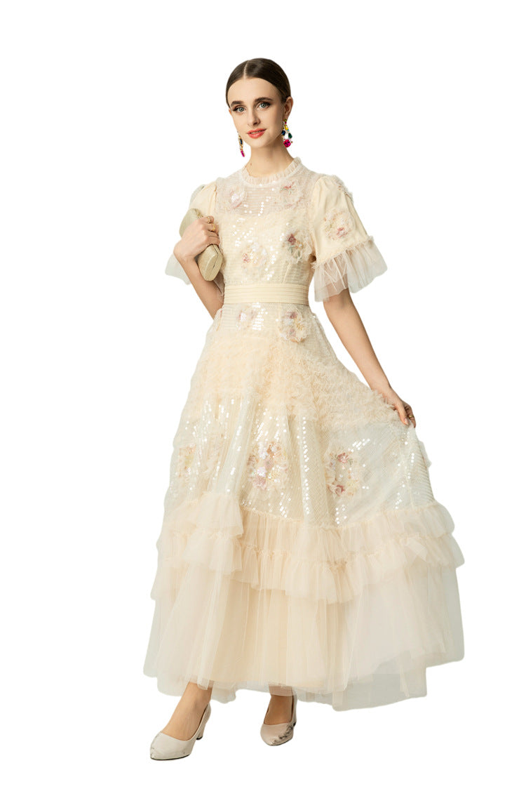 Sequin Floral Embroidered Tiered Tulle Maxi Dress – Ruffled Neck SP10037