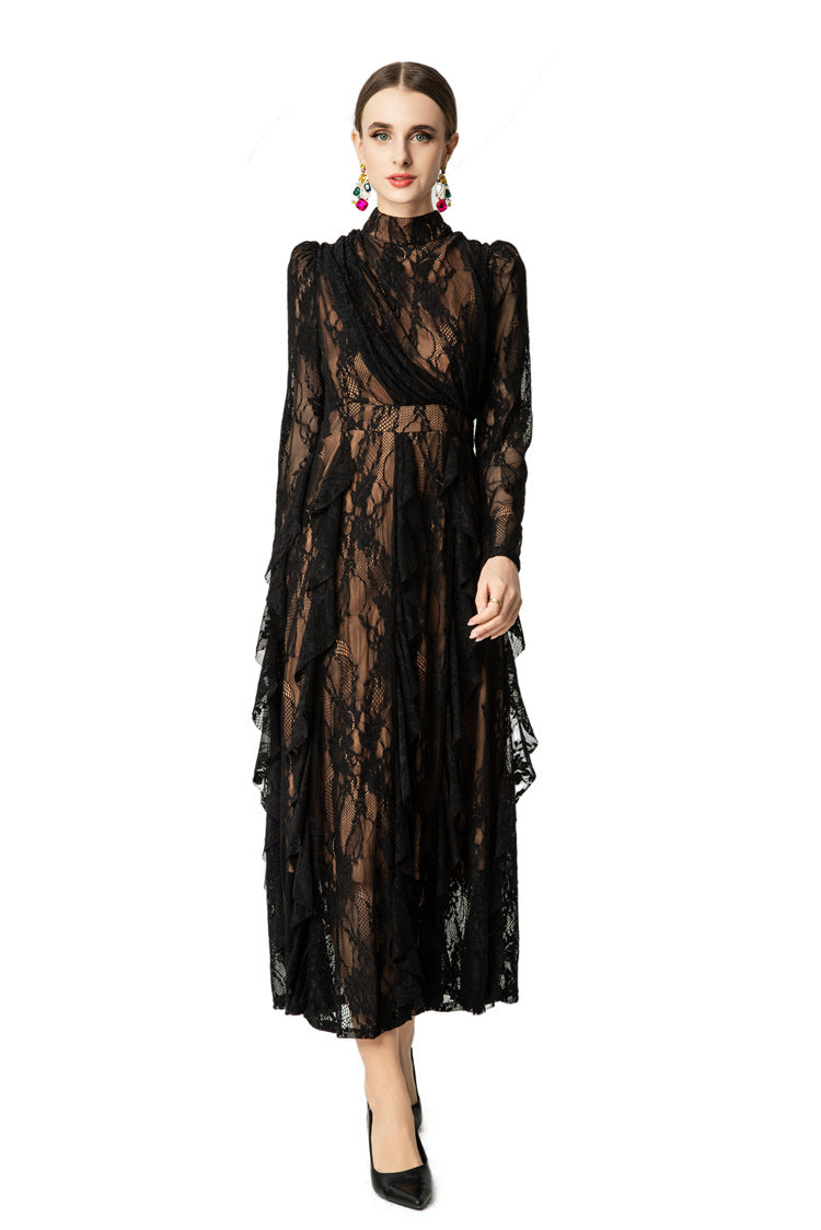 High Neck Lace Ruffle Hem Maxi Dress with Detachable Belt SP10045