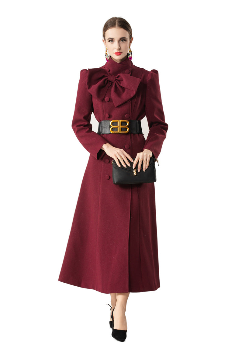Bow Neck Puff Sleeve Double-Breasted Maxi Coat Dress SP10089