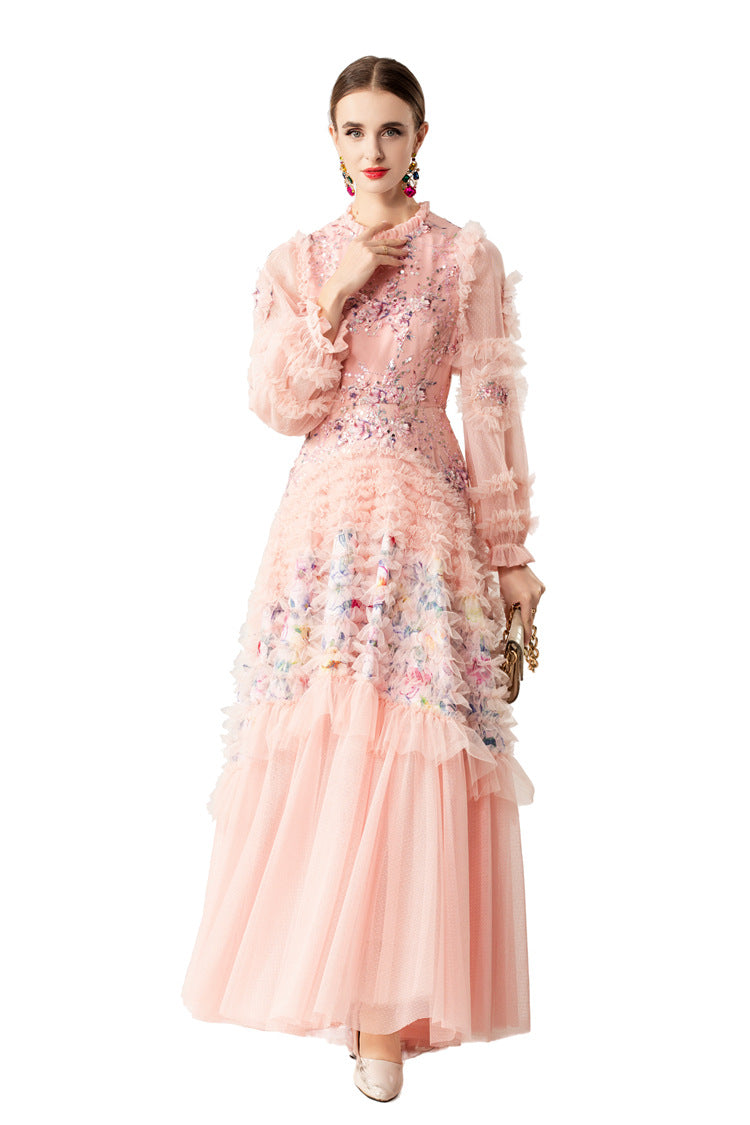 Ruffled High Neck 3D Floral Tiered Tulle Maxi Dress SP10083