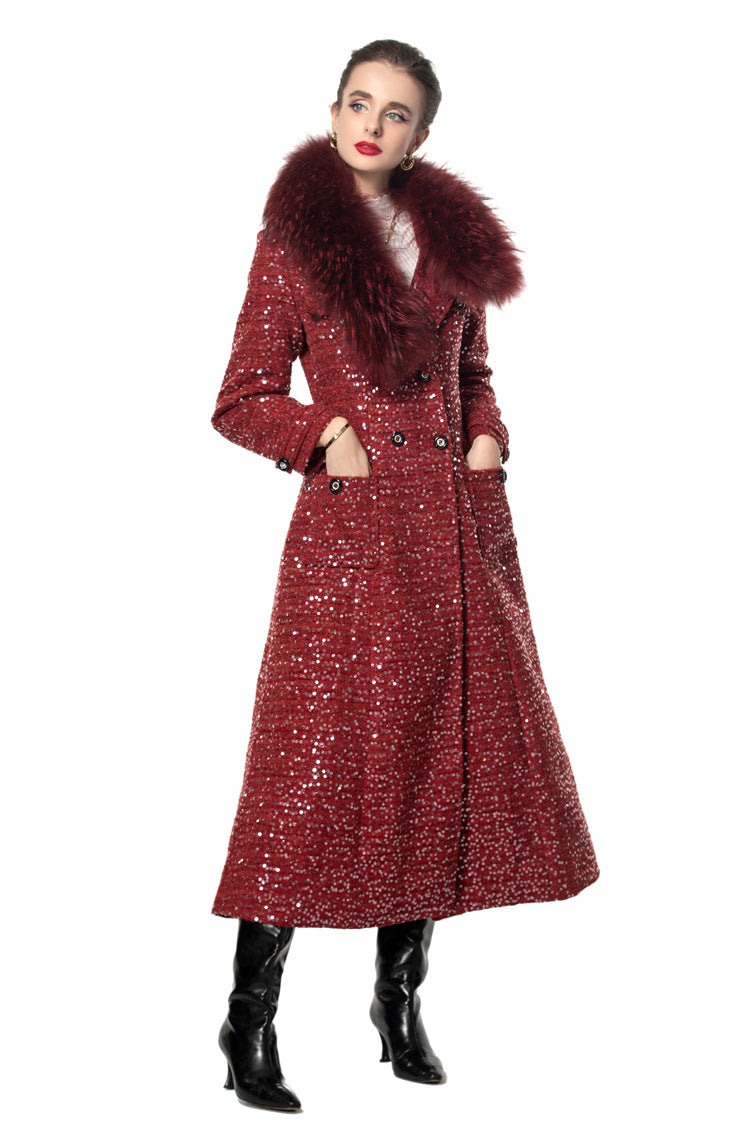 Sequin Embellished Belted Maxi Trench Coat – French Luxury Winter Overcoat SP10027