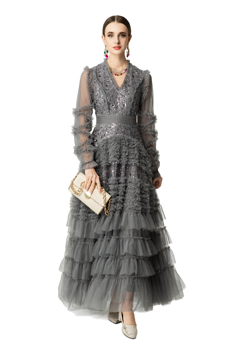 Sequin Embroidery Tiered Tulle Maxi Dress with Ruffled V-Neck SP10055