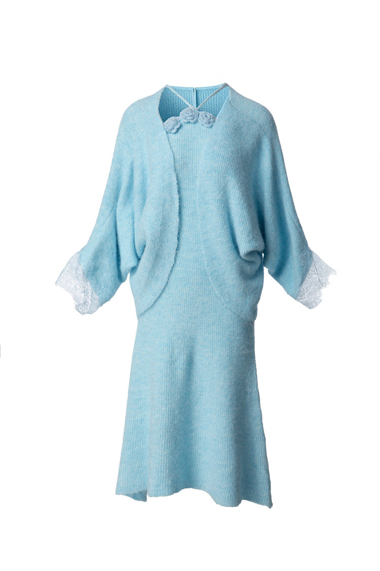 3D Floral Halter Dress & Lace Cuff Knit Cardigan Two-Piece Set SP10099