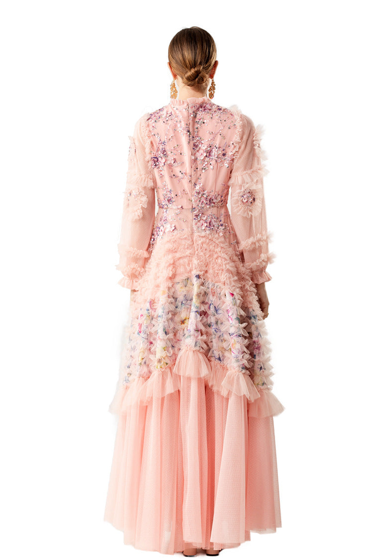 Ruffled High Neck 3D Floral Tiered Tulle Maxi Dress SP10083
