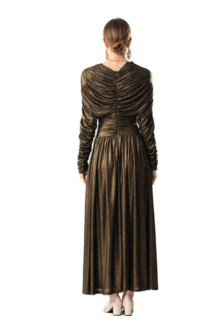 Metallic Ruched Waist Flared Maxi Dress SP10087