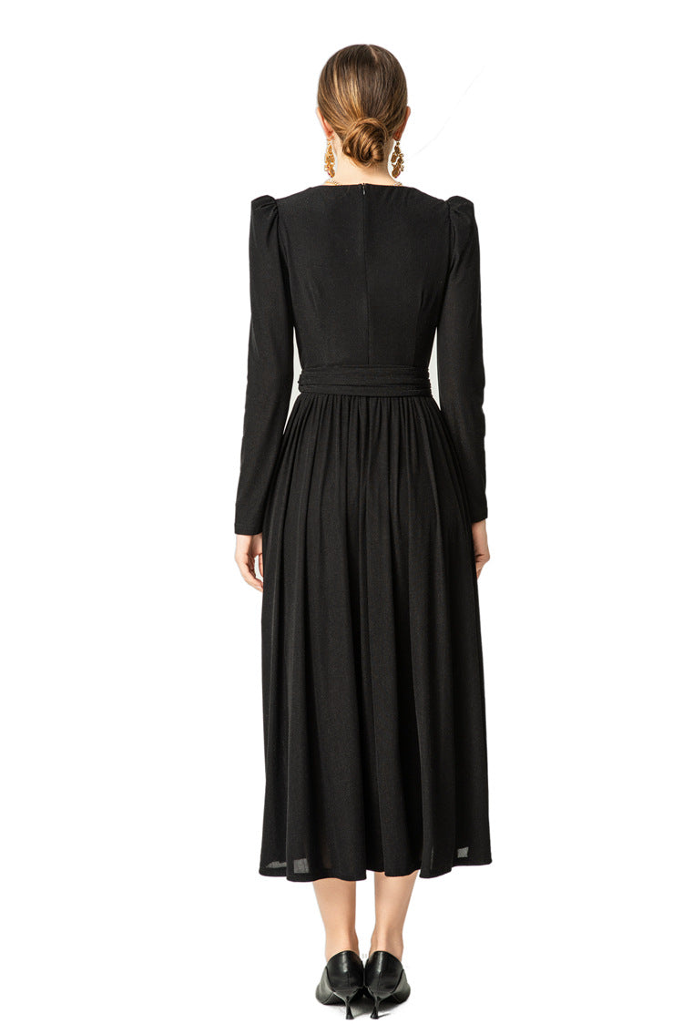 V-Neck Puff Sleeve Waist Embroidery Flared Midi Dress SP10059