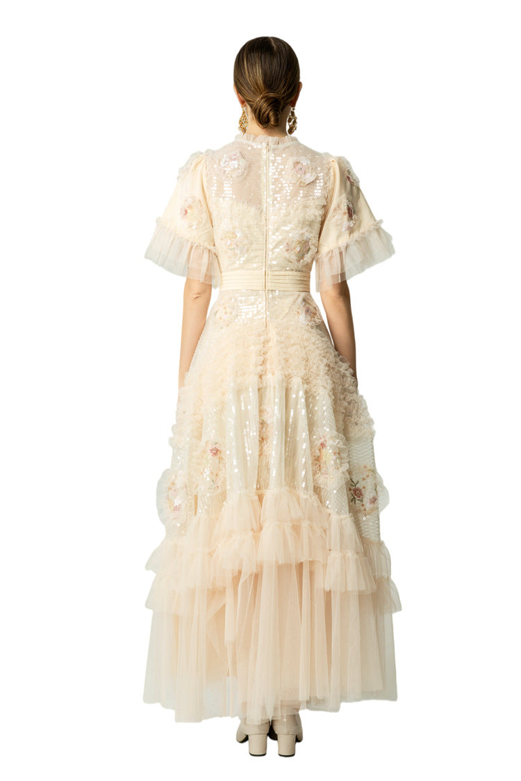 Sequin Floral Embroidered Tiered Tulle Maxi Dress – Ruffled Neck SP10037