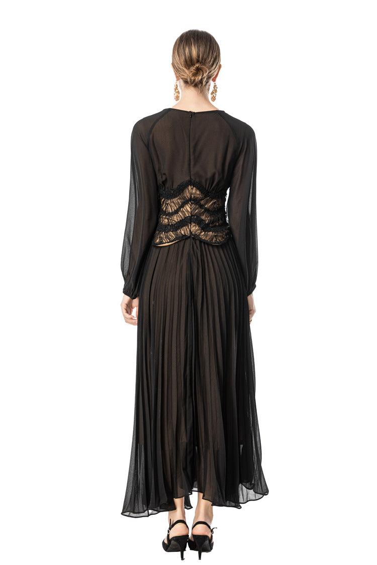 Sheer Puff Sleeve Embroidered Waist Pleated Midi Dress SP10094