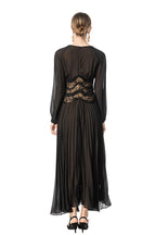 Sheer Puff Sleeve Embroidered Waist Pleated Midi Dress SP10094