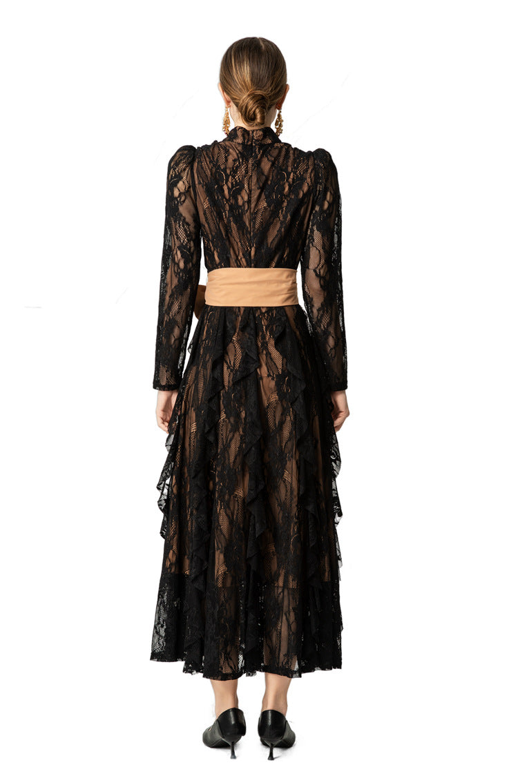 High Neck Lace Ruffle Hem Maxi Dress with Detachable Belt SP10045