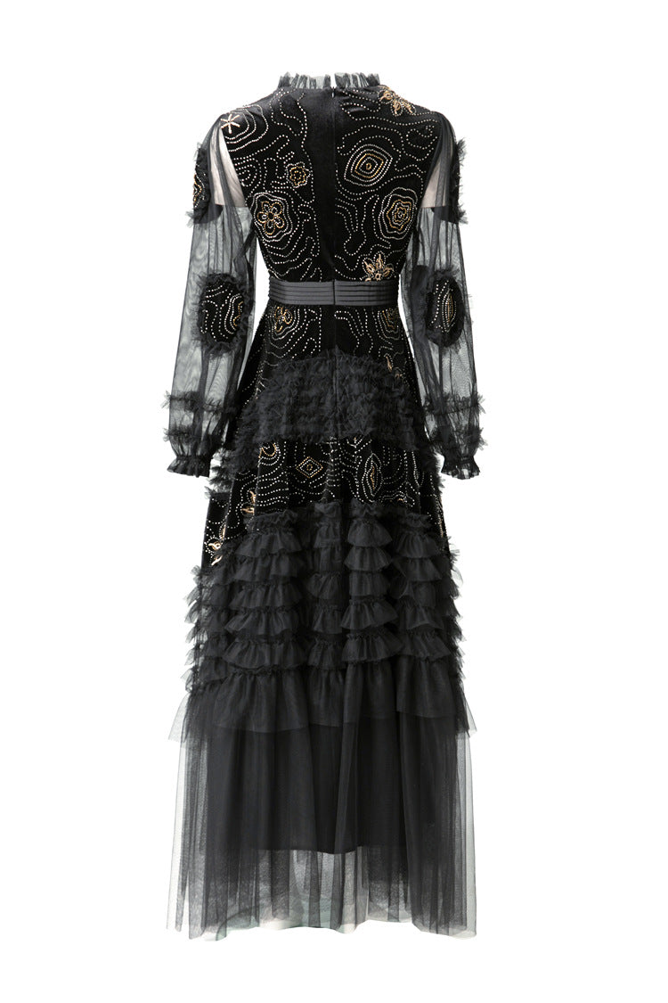 Burgundy Velvet Beaded Tulle Ruffled Sleeve Maxi Dress – French Luxury SP10006