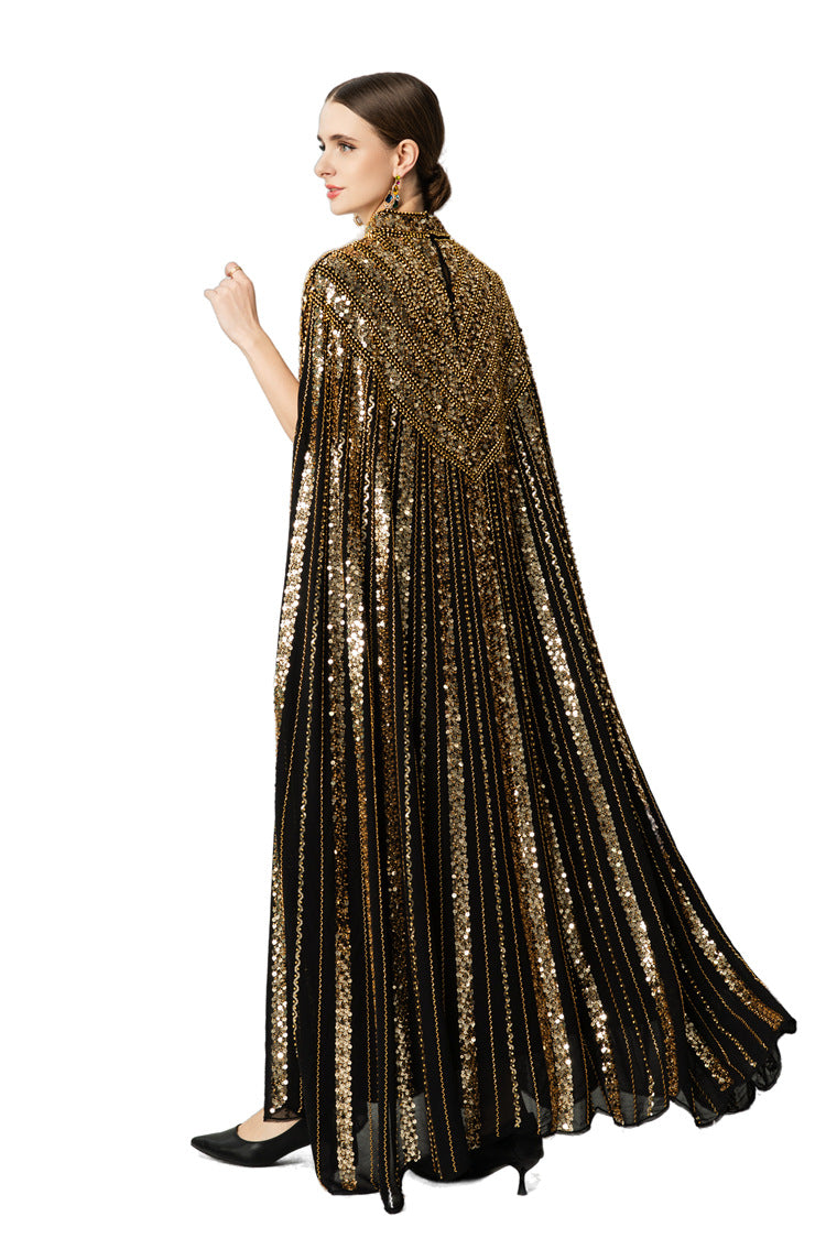 Hand-Beaded Sequin Cape Kaftan Maxi Dress SP10058
