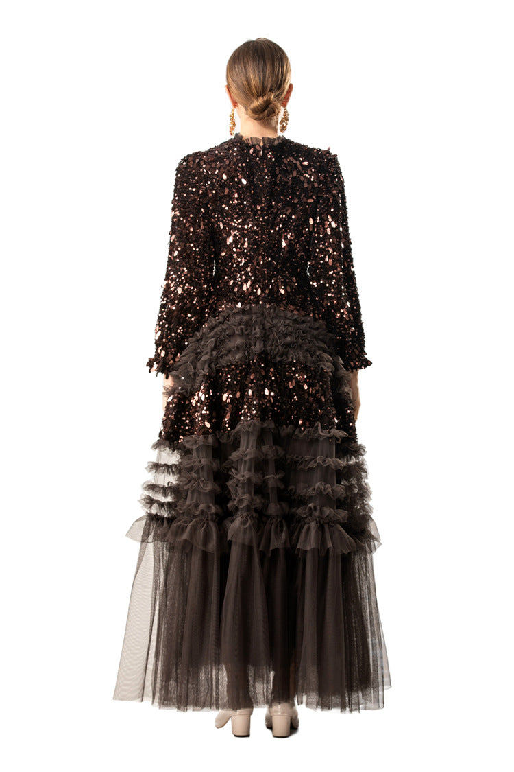 Burgundy Sequin Ruffled Tulle Tiered Maxi Evening Dress SP10016