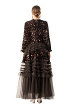 Burgundy Sequin Ruffled Tulle Tiered Maxi Evening Dress SP10016