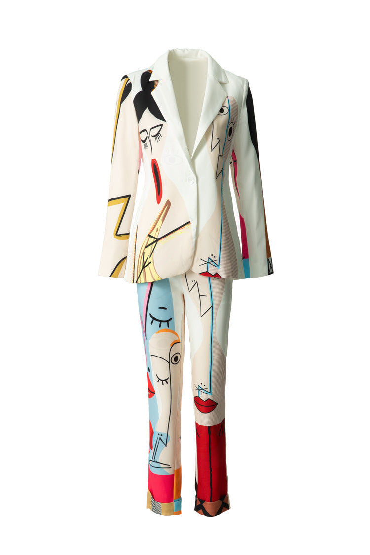 Abstract Face Print Blazer & Cropped Pants Two-Piece Set SP10052