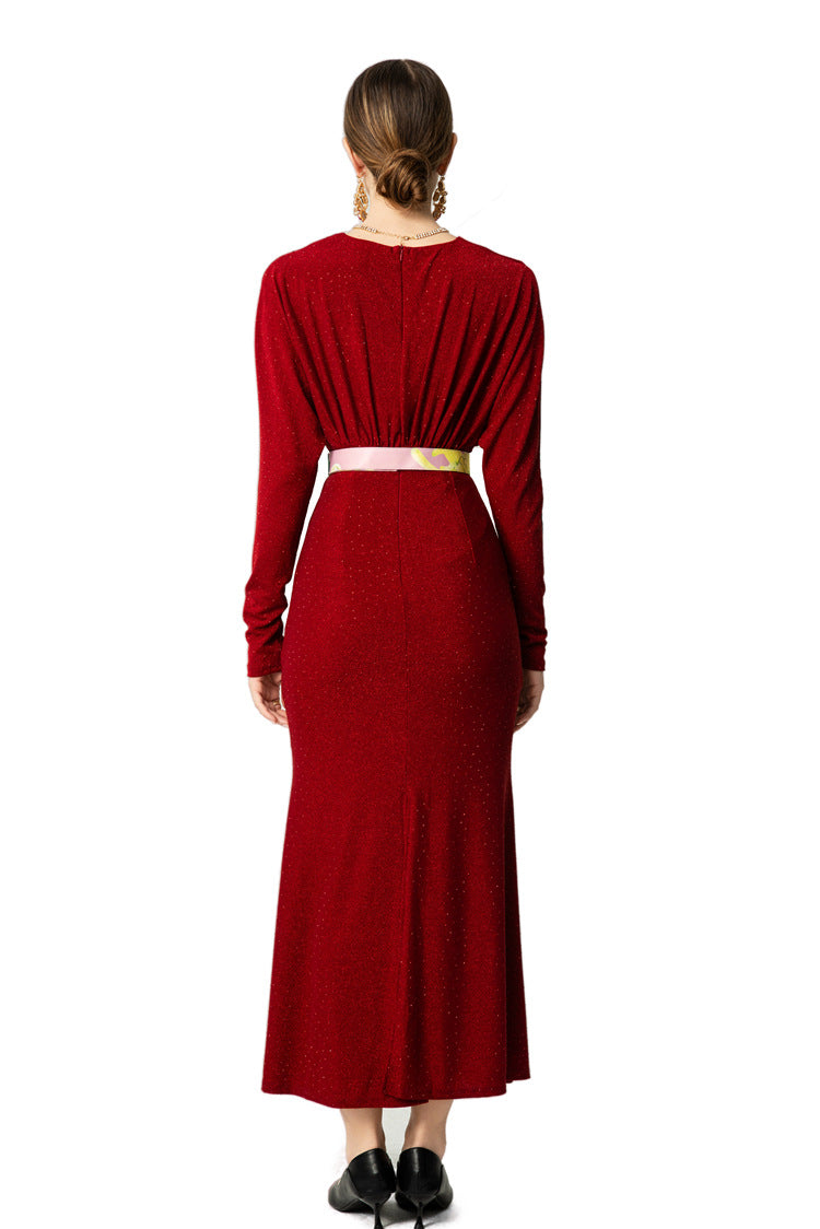 V-Neck Batwing Sleeve Peony Embroidery Mermaid Dress SP10048
