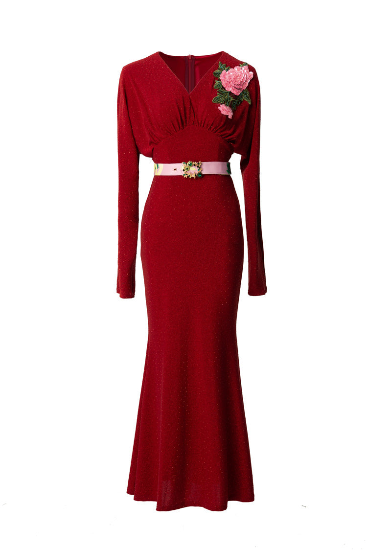 V-Neck Batwing Sleeve Peony Embroidery Mermaid Dress SP10048