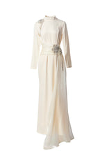Navy Blue Satin High Neck Evening Gown with Beaded Floral Tassels SP10104