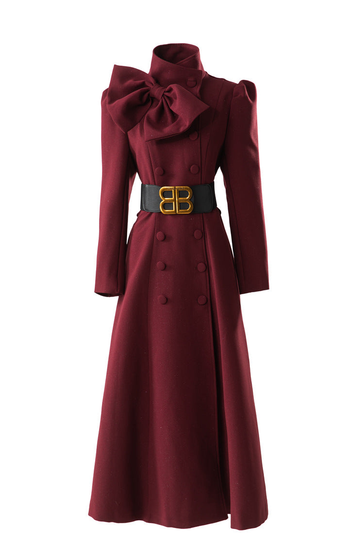 Bow Neck Puff Sleeve Double-Breasted Maxi Coat Dress SP10089