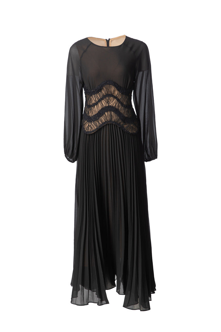 Sheer Puff Sleeve Embroidered Waist Pleated Midi Dress SP10094