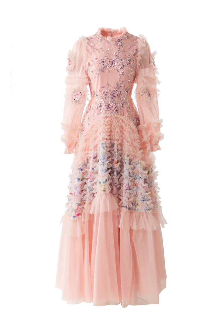 Ruffled High Neck 3D Floral Tiered Tulle Maxi Dress SP10083