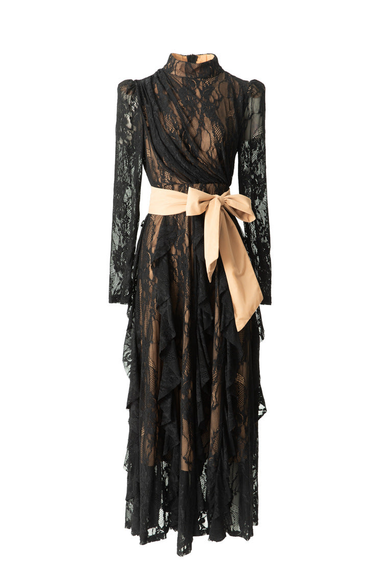 High Neck Lace Ruffle Hem Maxi Dress with Detachable Belt SP10045