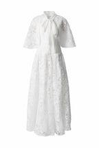 Satin Lace Patchwork Bow Tie Flare Sleeve Maxi Dress SP10057