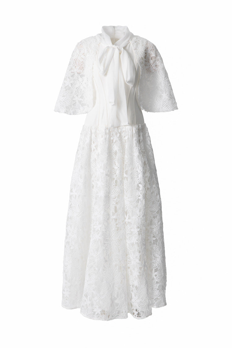 Satin Lace Patchwork Bow Tie Flare Sleeve Maxi Dress SP10057