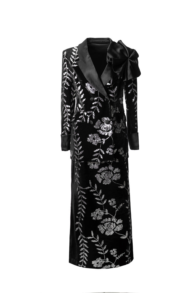 Burgundy Velvet Sequin Floral Blazer & Pencil Skirt Set SP10020