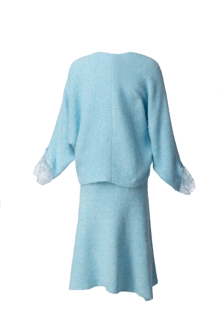 3D Floral Halter Dress & Lace Cuff Knit Cardigan Two-Piece Set SP10099